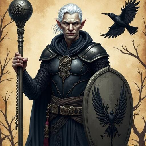 Detailed design of a D&D character named Erdan. Erdan is an adult elf with pale gray skin and white hair wearing black scaly armor. He carries a mace with a rose-shaped tassel on a chain and a shield with engraved raven wings. The background includes thorny stems and ancient magic cards alongside raven feathers resembling ancient parchment. The scene has a dark fantasy aesthetic. Includes a side portrait depicting pride. The artwork utilizes vibrant colors and realistic proportions. Dramatic shadows and cel shading are used for depth and effect.