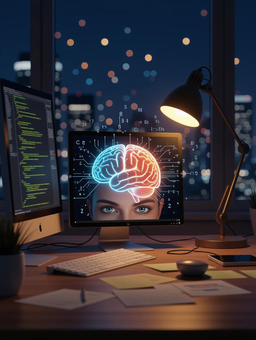 Square ultra-realistic image depicting deep focus in a dimly lit workspace at night. Glowing computer screen with stylized human brain. Scattered notes and warm desk lamp. Soft light illuminating surroundings. Bokeh lights visible outside. Intense eyes reflecting code or data. Surrounding floating elements symbolizing thought. Mood is immersive and solitary.