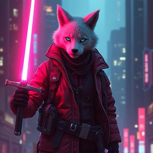Futuristic soldier engages in battle using a lightsaber. Setting depicts a neon-lit cyberpunk city filled with signs. A mystical creature is present. The atmosphere is vibrant yet decayed.