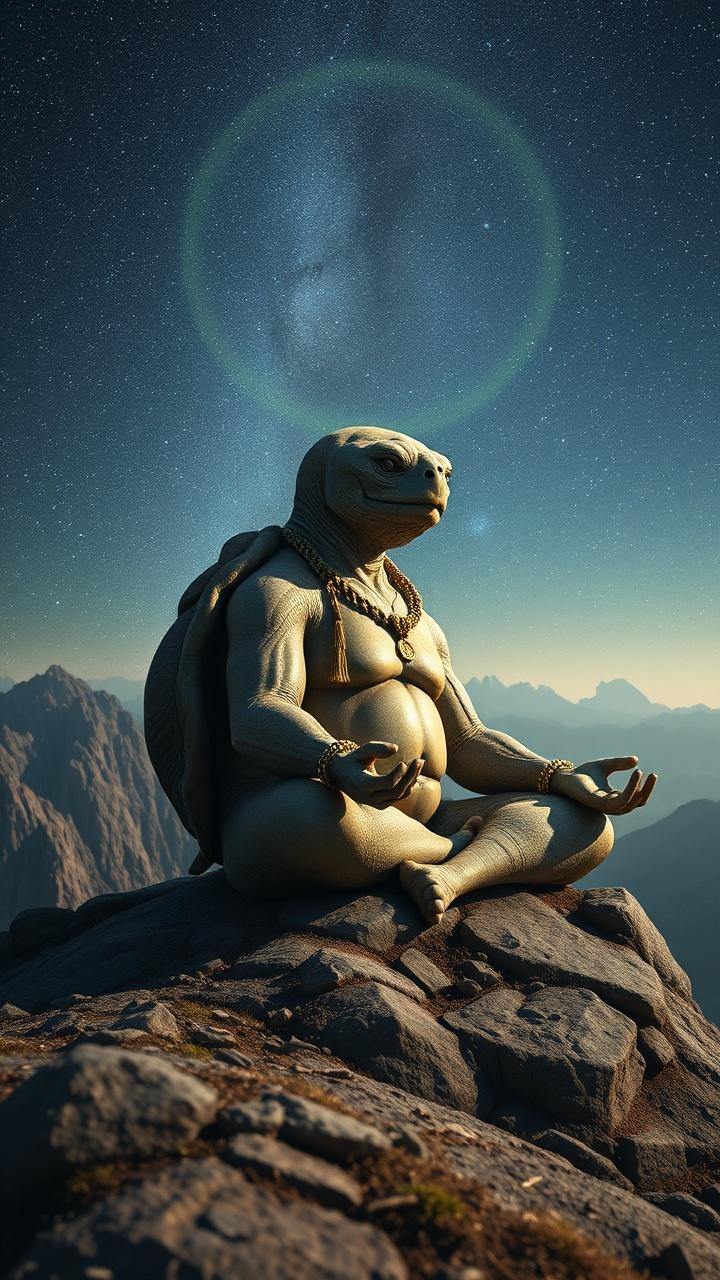 The image depicts a large anthropomorphic turtle meditating on a rocky mountain peak. The turtle is adorned with necklaces and bracelets, exuding a sense of wisdom and calm. Above, the night sky is filled with stars and a faint, circular aurora, suggesting a connection to the cosmos.