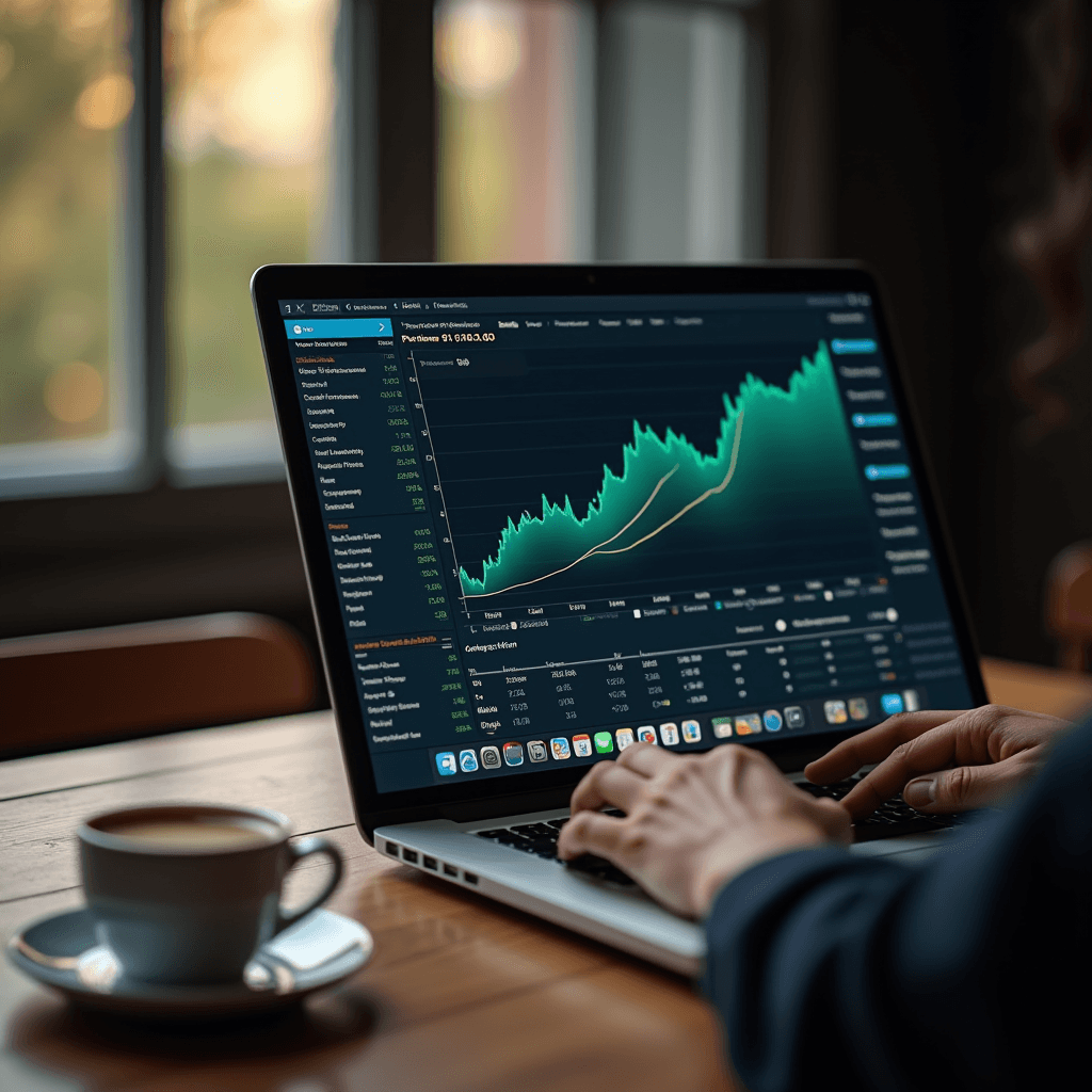 A person studies financial charts on a laptop with a cup of coffee nearby.