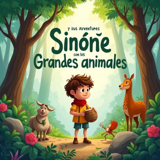 Illustration for children's book cover. Boy named Simón in vibrant forest. Friendly animals like deer and goat. Bright plants creating wonder. Whimsical title text on top. Scene invites exploration and imagination.