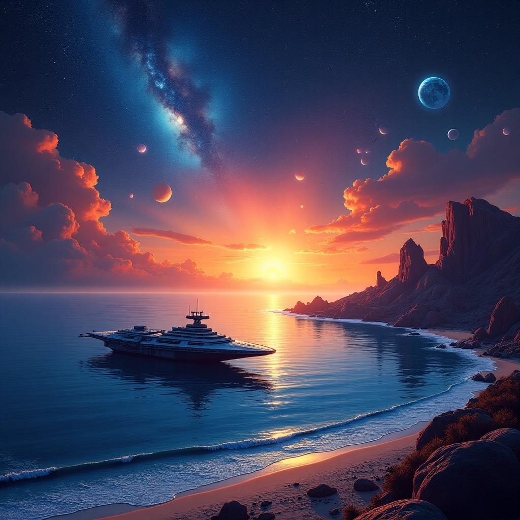 This artwork features a breathtaking imaginary landscape set in outer space. The scene showcases a beautiful sea bay with a starfighter-like ship docked. A dramatic sunset illuminates the sky, transitioning from deep blues to vibrant oranges. Surrounding the bay, various planets and a colorful nebula are depicted in a dark, starry sky. This piece fuses psychedelic art with themes of futuristic exploration and spiritual energy in a stunning visual composition.