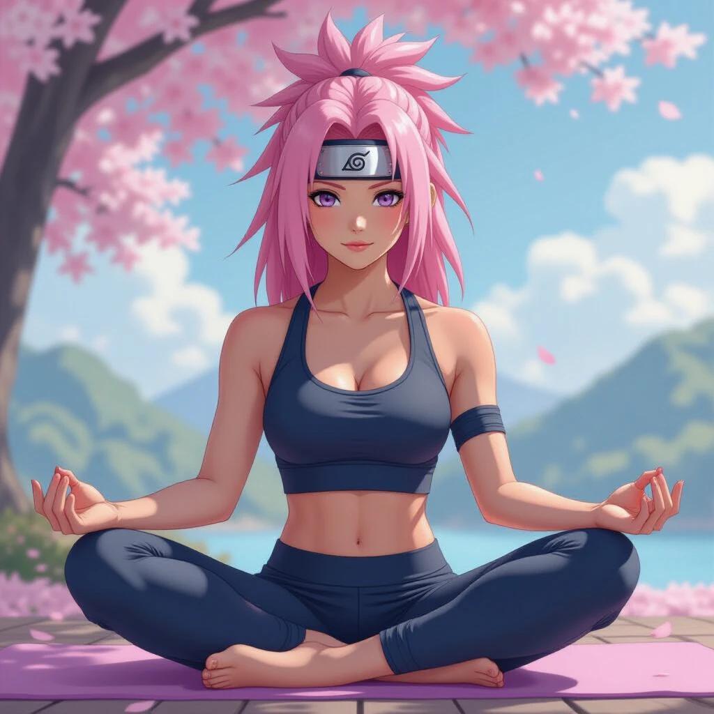 Full body depiction of a woman with pink hair practicing yoga. She is in a meditative pose outdoors surrounded by cherry blossoms. The background shows a serene nature scene with mountains and water.