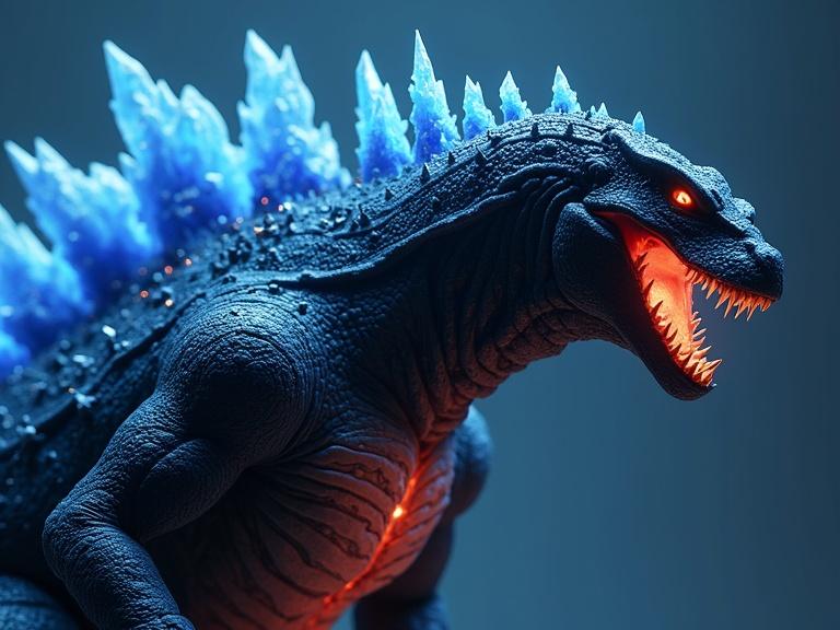 Create live action image dark blue sleek alien space Godzilla. Glowing crystal dorsal spines. Small crystals growing out of the body. Predator alien mouth splits open. Glowing red orange soft belly. Focus on details, textures, realism, and shadows.
