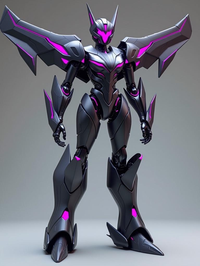 Create a Transformer robot in a futuristic design inspired by aircraft technology. Dark steel base color and purple metallic highlights. Sleek, slender, feminine robot form. Glowing magenta eyes.