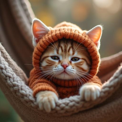 A cute cat lying in a hammock wearing a warm outfit.
