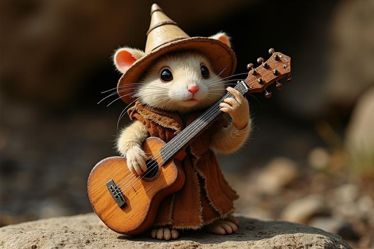 A small mouse plays an acoustic guitar. The mouse wears a straw hat and a brown cloak. The scene is set in a whimsical environment with natural elements. The background is blurred, emphasizing the mouse's features. The mouse has large eyes and a sweet expression. The overall mood is playful and enchanting.
