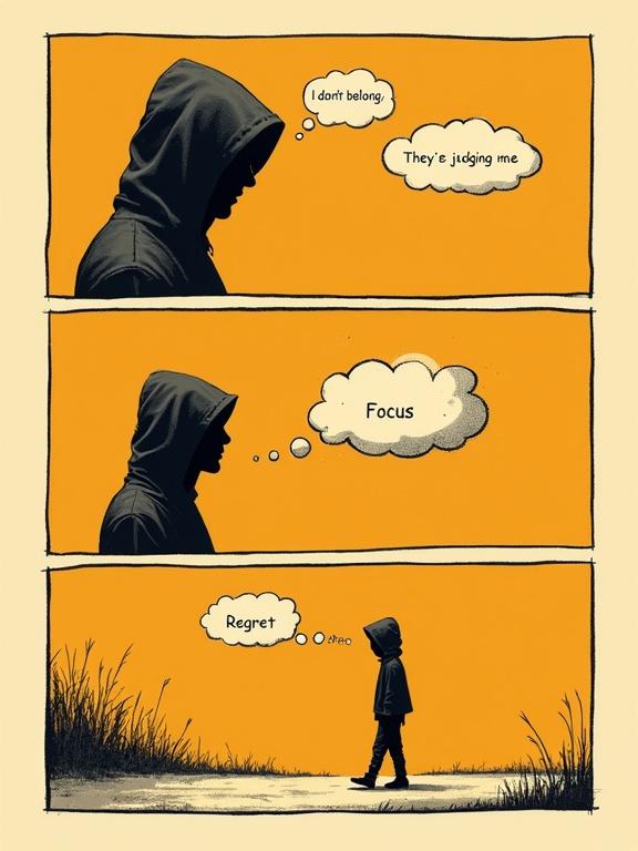 Three panel comic book layout. First panel shows a hooded figure with anxious thoughts. Second panel shows a silhouette with thoughts of focus and regret. Third panel depicts the figure walking with thought clouds. Comic book style with halftone texture and bold outlines. Yellow narration box at the top of the image.