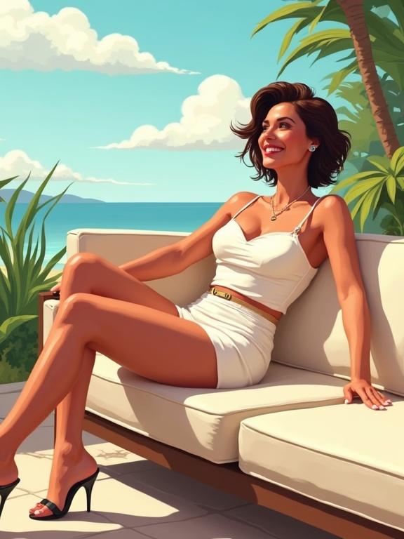 A joyful mature woman in a white outfit relaxes on a sofa outdoors. She has short hair, a sunny smile, and is leaning back. The scene features tropical plants and a bright blue sky. Her arms are spread casually and she is wearing high heels. The setting suggests a carefree, sunny day.