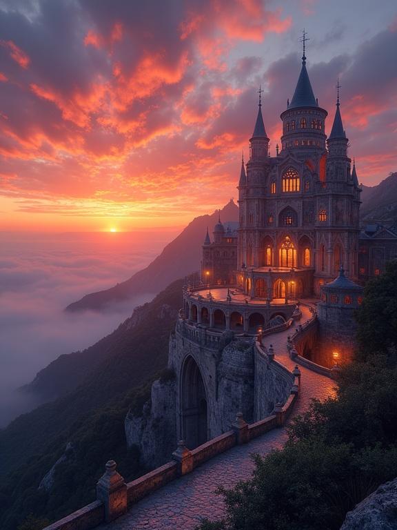 A breathtaking view showcasing a castle set on an exotic island during sunset. The sky displays dramatic colors with glowing lights from the castle. Architectural details highlight the grandeur of the structure against a picturesque backdrop.