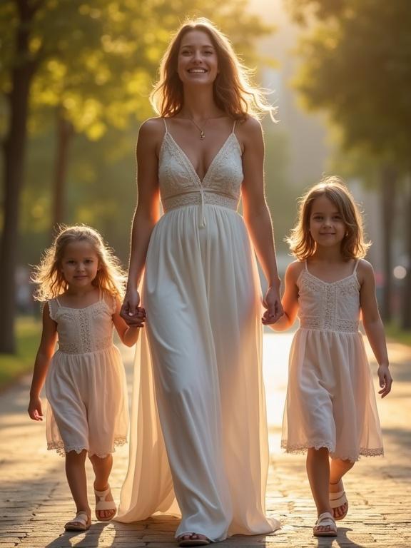 Family photo of a stunning mother with two daughters. They are walking together in a park during golden hour. The mother wears a beautiful long white dress. The daughters are in matching white dresses with lace. Warm sunlight creates a serene atmosphere.