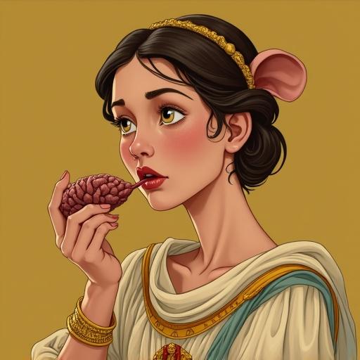 Roman noblewoman rubbing mouse brains on gums. She has a bored vacant stare. Wears flowing stola and gold hairpins. Rendered in muted mustard yellows and warm browns. Style of 2D cartoon vintage European storybook satire.