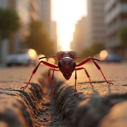 Ultra-realistic 3D render through the compound eyes of an ant in an urban setting during daylight. Scene features enormous human feet, cars, and tall buildings in the blurred background. Ground shows deep cracks and oversized dust particles. Warm sunlight creates shadows and a cinematic glow. Composition evokes curiosity and danger from the ant's viewpoint. Hyper-detailed textures with extreme macro depth of field and cinematic color grading.