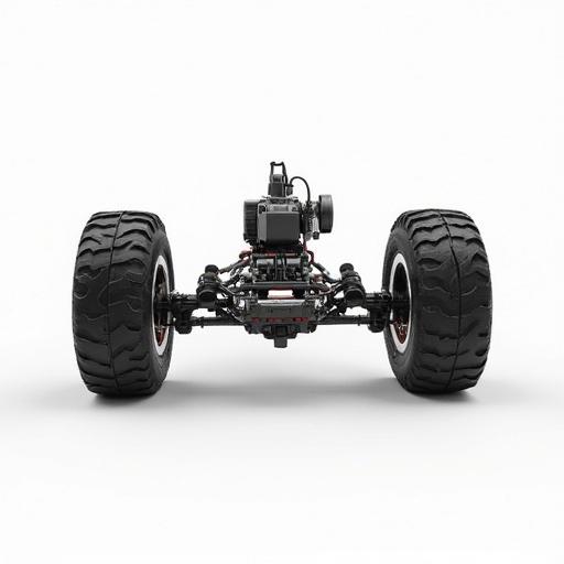 Three-wheeled compact vehicle or device with two larger wheels with motors for propulsion and a smaller non-motorized third wheel for balance. Rugged wheels with visible motors. Triangular frame connecting all wheels. Set against a clean background.