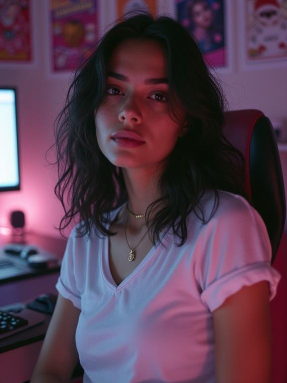 Realistic selfie style image of an 18-year-old woman in a bedroom setting. She has dark hair tied back, serious expression, and light skin with freckles. Dressed in a white crop top. The room features bright lights, anime posters, and a light pink gaming chair. Mood is nocturnal, with a Polaroid photo quality and high contrast lighting.
