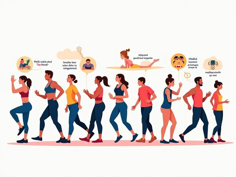 An illustration showing diverse individuals engaged in low-impact exercises including walking, swimming, yoga, and modified strength training. Individuals appear confident and focused with cues for pelvic floor engagement and proper posture. Background features icons for bladder management and hydration. A supportive professional guides one individual.