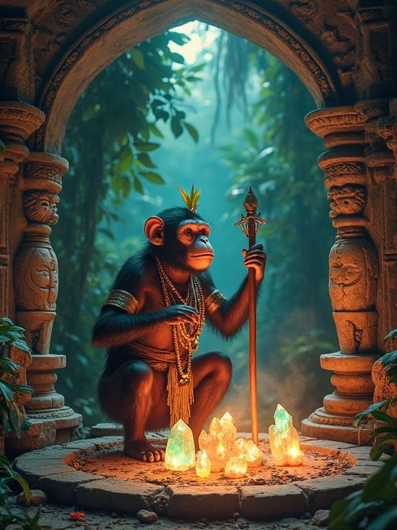 A monkey shaman performs a spiritual ritual in a hidden jungle temple. The scene features ancient artifacts and glowing crystals. Soft light filters through the environment, highlighting intricate carvings.