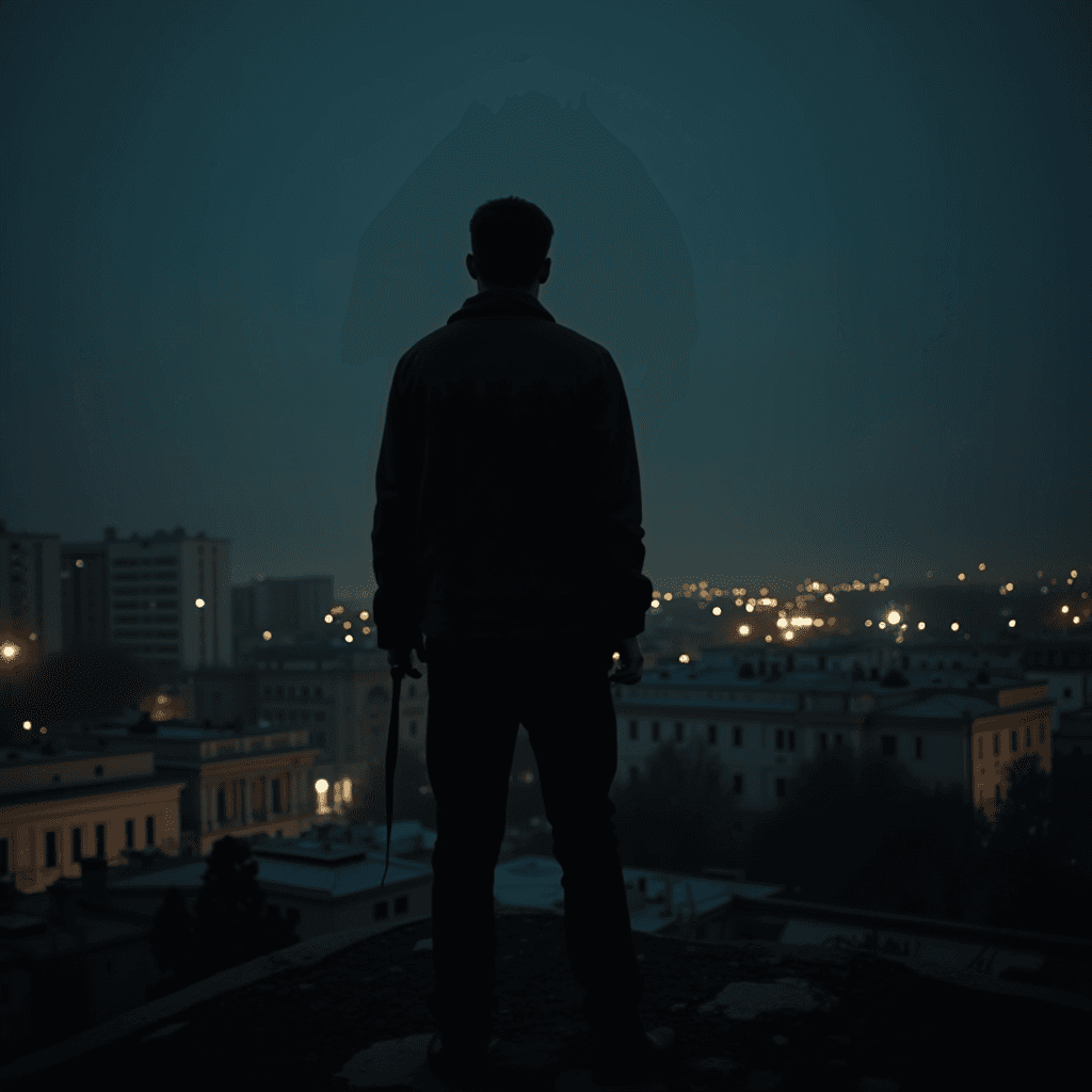 A silhouetted figure stands on a rooftop overlooking a city at night.