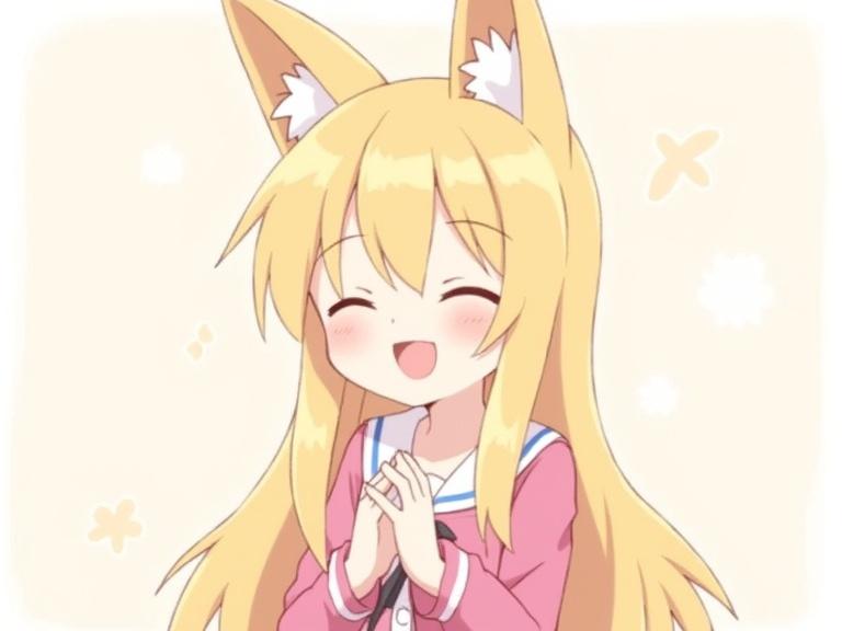 Anime character with fox ears and long blonde hair. Character wears a cute outfit. Expression is cheerful and playful. Hands are clasped together. Background is simple with pastel colors.