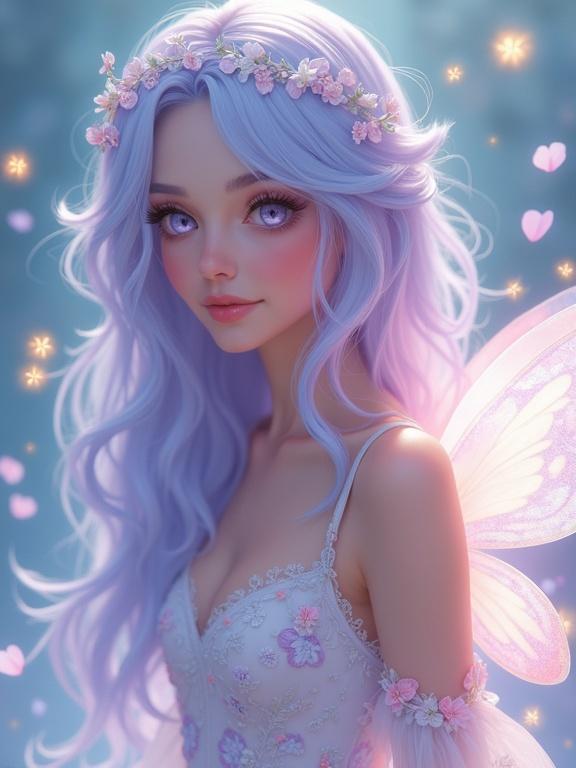 Woman with pastel pink and blue ombre hair. Soft waves falling. Lavender eyes glowing faintly. Ethereal white gown with pink and lilac floral embroidery. Translucent butterfly wings shimmering. Floating petals and glowing fireflies create a serene magical aura.