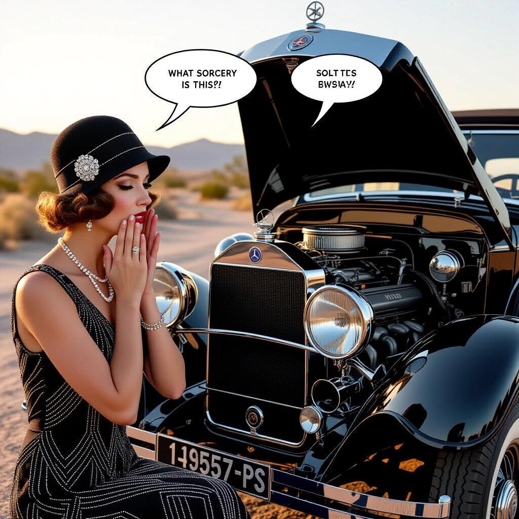Photorealistic scene of an Art Deco socialite with a cloche hat and beaded dress expressing bewilderment at the engine of a 1928 Mercedes-Benz. The raised hood reveals intricate engine details within a golden hour backdrop of a desolate road. Jewelry reflects light. Comedic expression of surprise in a vintage setting.
