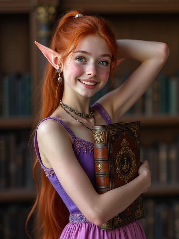 Photo realistic image of a teenage elf girl in a medieval library. Girl has long auburn hair styled in a ponytail. She is wearing a sleeveless purple and pink dress with gold embellishments. Facial freckles and blue eyes are evident. An ornate decorated leather book is tucked under her arm. She is posing with a playful expression, her other hand behind her head.