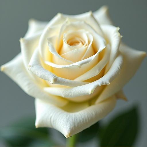 Photorealistic image of a single white rose in close-up. Soft petals with a delicate texture and a light green background. Rose is in full bloom. 