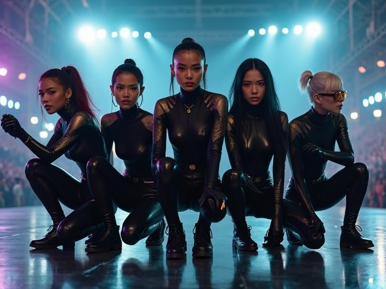 Realistic live action dark cinematic image close up of five young female heroes in action poses. They wear sleek spandex leather bodysuits. A short fit slim pale white woman has a tattoo and dark reddish long ponytail. A tall caramel-skinned mixed race woman wears golden ball earrings and long curly reddish orange hair, with a shiny bodysuit featuring tiger stripe patterns. A short platinum blonde woman has pigtails and wears crystal refractive sphere earrings with dark lipstick. A slender woman in a black spandex neck collar has a sleek bob haircut, and a short Asian woman wears a leather jacket with chrome patterns and reflective sunglasses. The background features a huge outdoor arena at night during a concert with a visible crowd, metal beams, and vibrant spotlights.