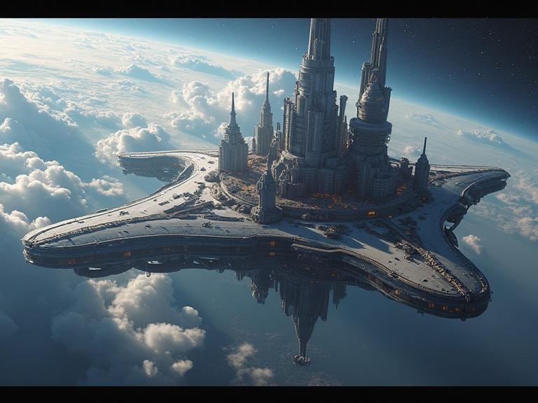 A photorealistic depiction of a futuristic city situated on a space station in outer space. The city features tall, sleek skyscrapers and a unique design that resembles a large star shape with a reflective surface.