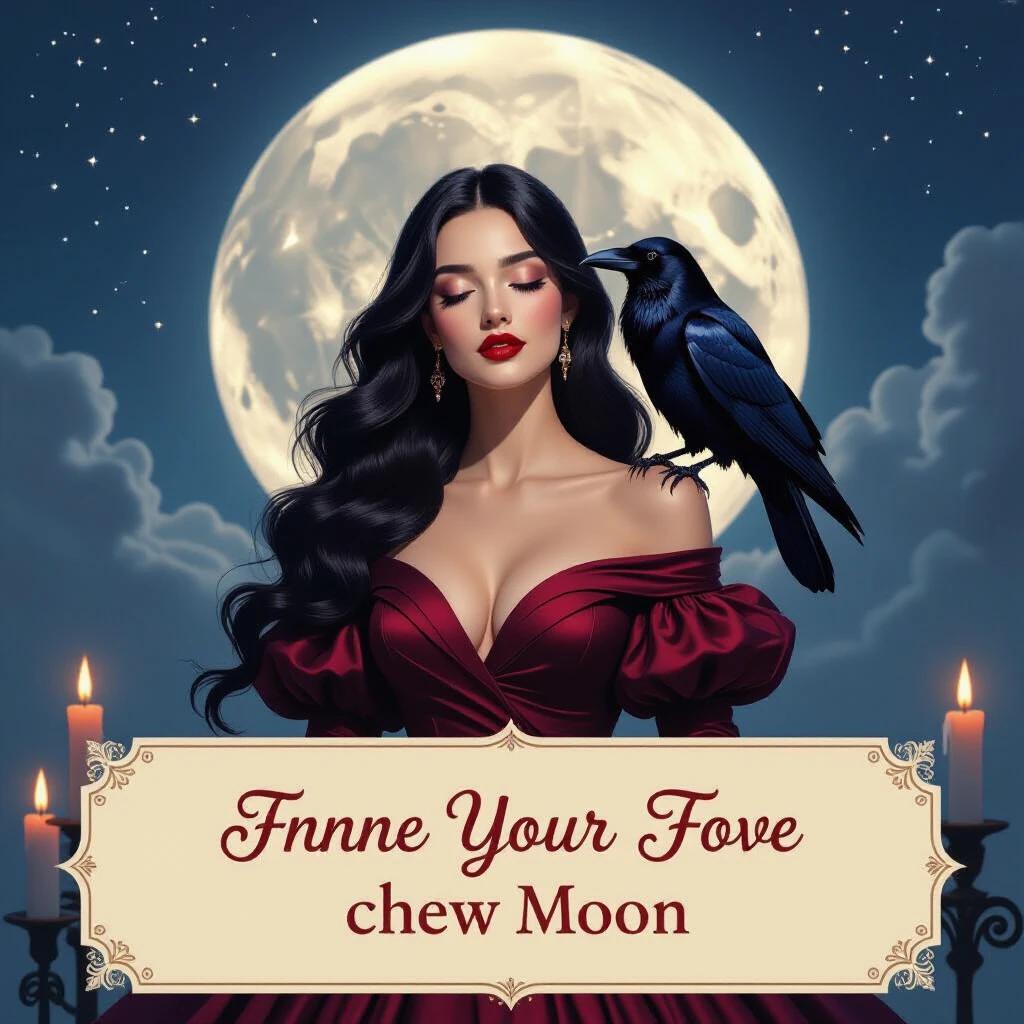 A woman stands in front of a full moon. Long flowing dark hair. Eyes gently closed. Wearing a richly colored dress with dark sleeves. A raven perched on her shoulder. Cloudy night sky with stars. Flickering candlelight below. Porcelain skin and deep crimson lips.