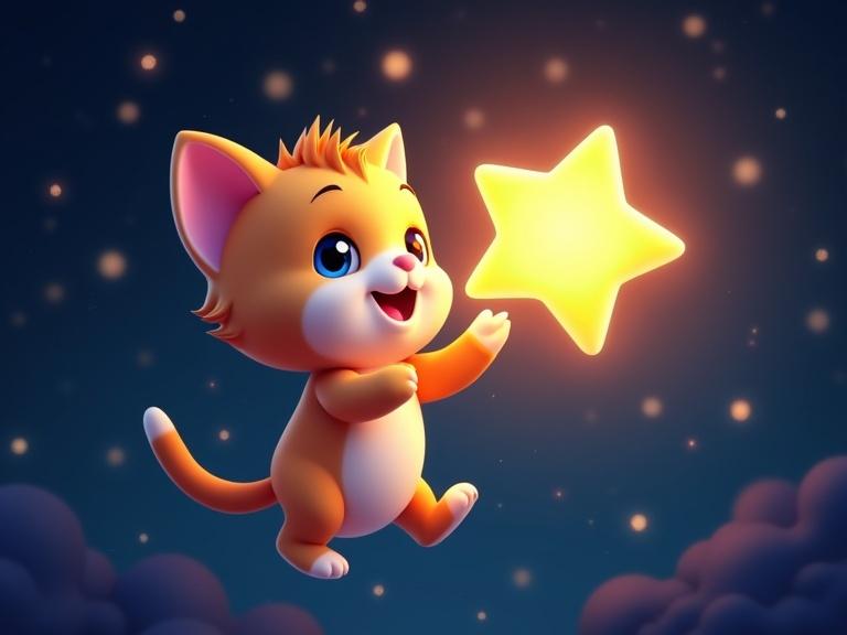 Adorable baby cat floats in outer space reaching out to a glowing cartoon star. Stars sparkle playfully around. Background features a dreamy galaxy. Image styled in 3D animation and emphasizes a magical cute theme.