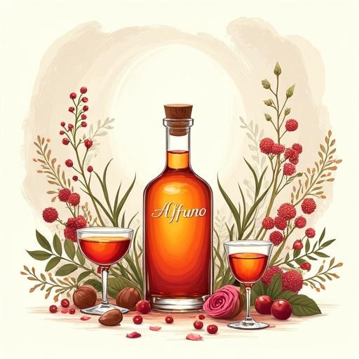 Conceptual artwork featuring an apothecary-style bottle of ALFRUNO surrounded by herbs and berries. Two glasses filled with liqueur are placed beside it. The overall design is modern and minimalist with a white-beige background. Elements include herbs, sloe berries, rosehips, rose petals, hazelnuts, ripe berries, and wild flowers. The bottle radiates a golden-reddish glow, topped with a cork lid and an elegant hang tag displaying its name. Theme reflects fantasy and nostalgia with a vibrant connection to nature.