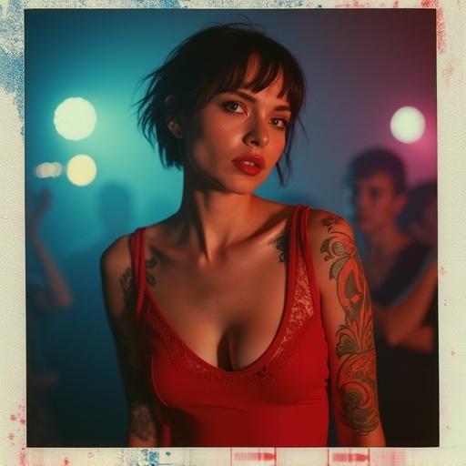 Polaroid picture of a Flamenco dancer at a techno rave. Wearing red dress with tattoos. Short hair and sexy look. Interesting lighting creates a nightclub atmosphere. Nighttime image shows party vibe. Includes scratches and is low quality.