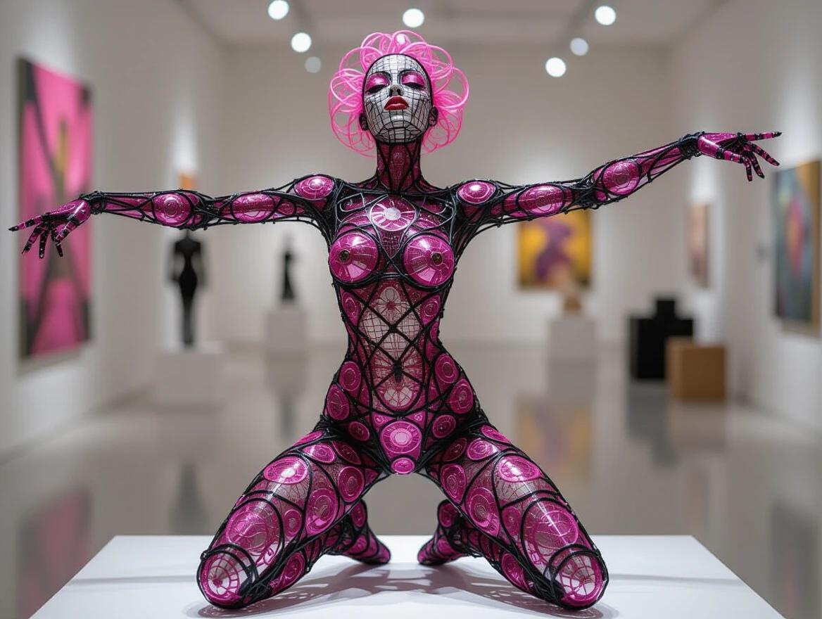 A dynamic sculpture of a human figure made from wire mesh. The figure is elongated with arms outstretched and one leg bent. The pose suggests sexuality with legs wide open. The background is a modern art gallery. Dramatic lighting creates strong highlights and shadows. The wire material has visible loose endings, resembling spontaneous assembly.