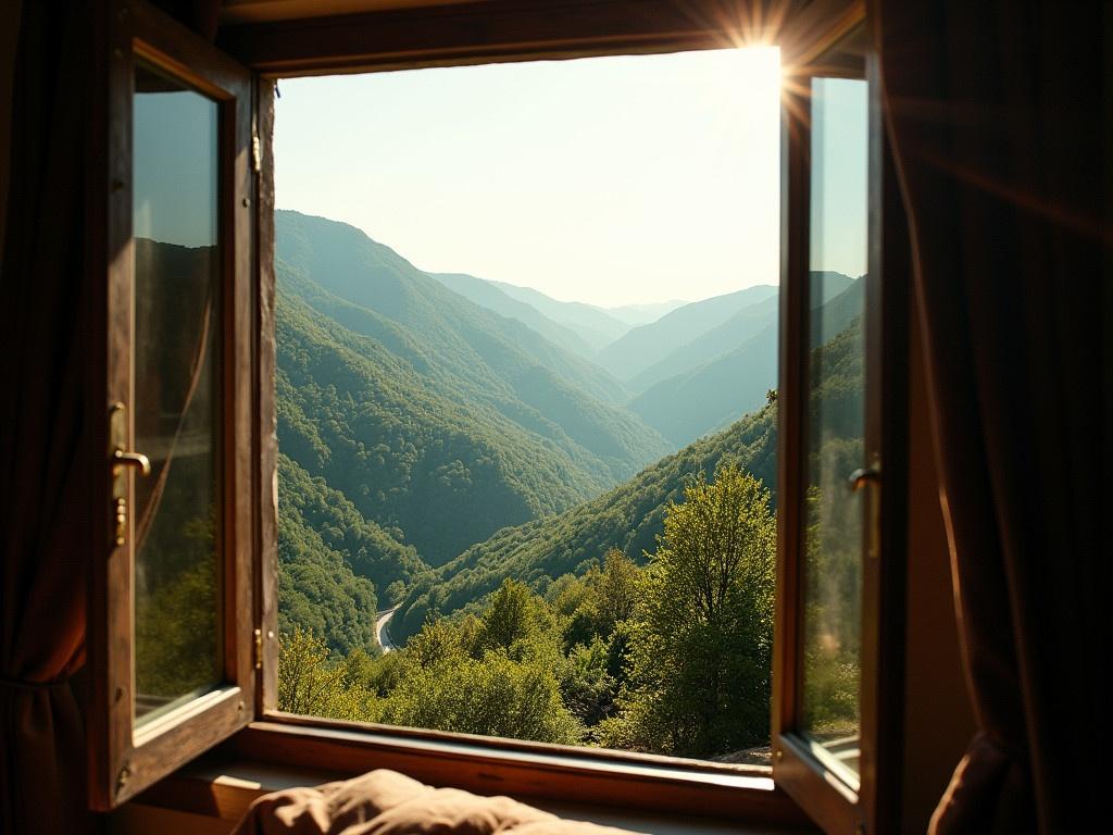 picturesque view through open window. Rolling hills covered in greenery and trees. Sunlight streaming through creating warm atmosphere. Winding path meandering through hills. Beautiful play of light and shadows.