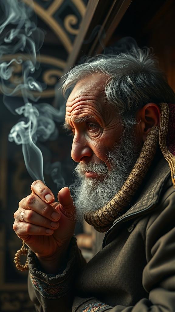 An elderly man with a thoughtful expression holds a cigarette as smoke curls around him.