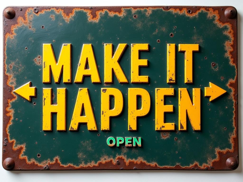 The image shows a vintage style metal sign with the bold text "MAKE IT HAPPEN" in bright yellow color. The background of the sign is dark with some rust and wear that gives it a retro appearance. There are arrows on both sides of the text pointing outward. The edges of the sign are also rusted, contributing to its aged look. The overall design conveys a motivational message and is visually striking. Additionally, include the word "OPEN" in a vibrant green color somewhere in the design, possibly at the top or bottom of the sign, to enhance the overall aesthetic.