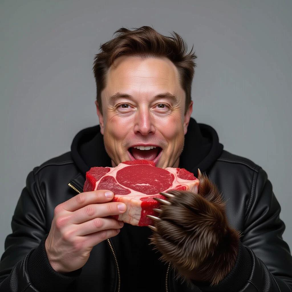 A man holds a raw steak with bear paws. He shows the intensity of enjoying the meat. Hands are prominently featured. The steak is juicy. The clothing is black and casual. The background is neutral. Beauty in the raw food concept.