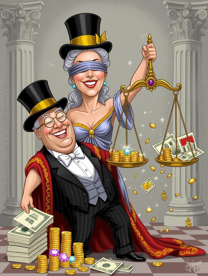 Satirical digital painting depicting Lady Justice peeking from her blindfold. She holds an unbalanced scale. An overweight man in a suit piles gold and jewels. A gaunt family with a wilted flower appears on the other side. The courtroom is grand but decaying with cracked columns and a skeleton judge counting money. Dramatic lighting highlights the wealth.