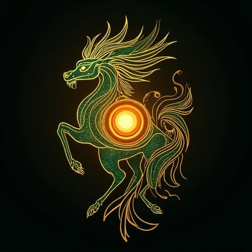 Sacred emblem represents Sunleaf Kirin entity. Fine line art glows with warm gold and emerald green tones. Perfectly centered on charcoal backdrop. Stylizes flowing, leaf-like mane and tail. Incorporates solar motifs and delicate leaf patterns. Luminous central sun sits at core. Aesthetic is mystical branding symbol with tribal elegance. Minimalist fantasy logo in square format. Clean lines and symmetrical glow.