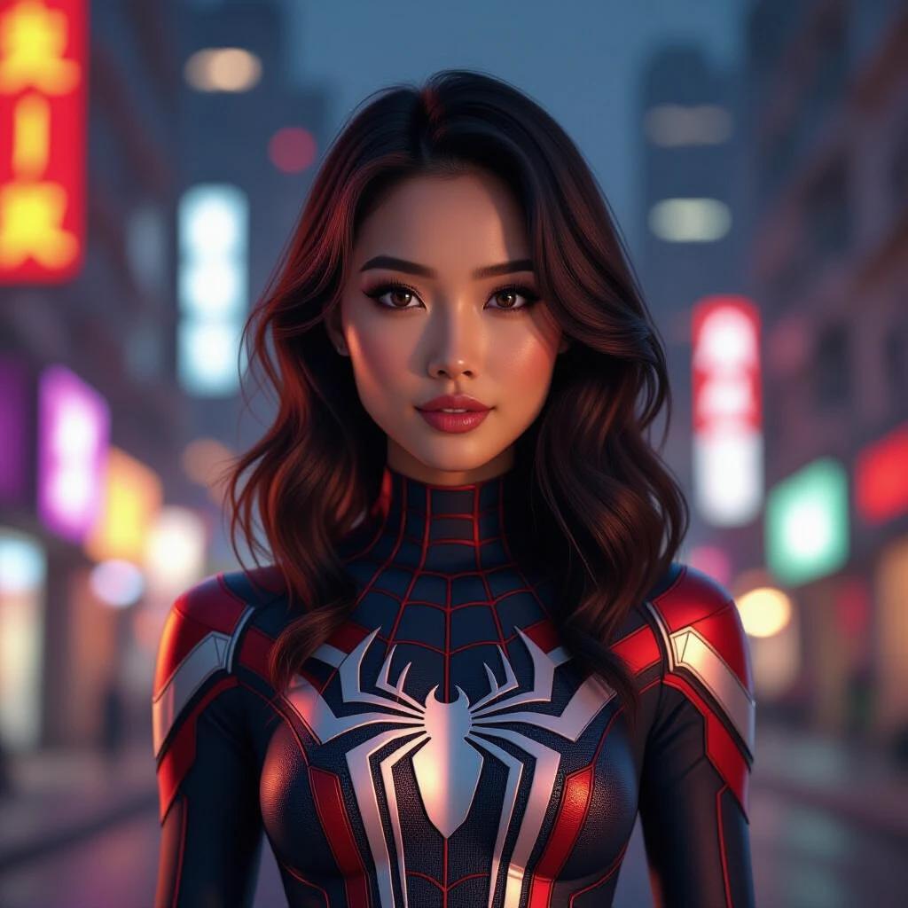 Southeast Asian woman in Spider-Woman outfit without mask. Warm tan skin with expressive brown eyes and wavy shoulder-length hair. Standing in neon-lit cityscape at night. Slightly battle-worn look with dramatic light and realistic lighting features.