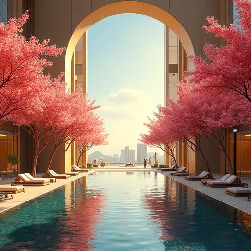 Futuristic anime setting in 2037, featuring a modern oversized building. Includes an infinity pool and red cherry blossoms. Captured during noon with light gold and onyx black color scheme.