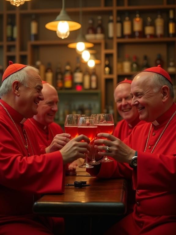 Four cardinals in red robes celebrate in a bar. They toast with Aperol Spritz glasses while smiling. The background has illuminated shelves with bottles in warm lighting. The scene appears jovial and relaxed with a vintage feel.