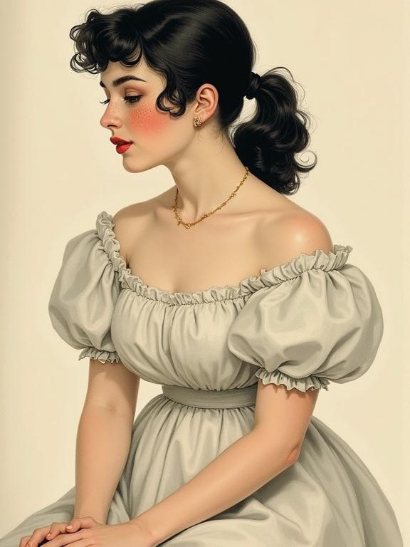 Young woman with black ponytail and freckles. She is wearing a white vintage dress. Sitting with hands on knees. Profile view. Illustration inspired by Alphonse Mucha.