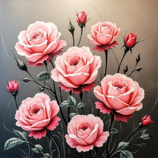Modern hand painted art featuring large pink roses and spring flowers with 7D engraving technique using a knife.