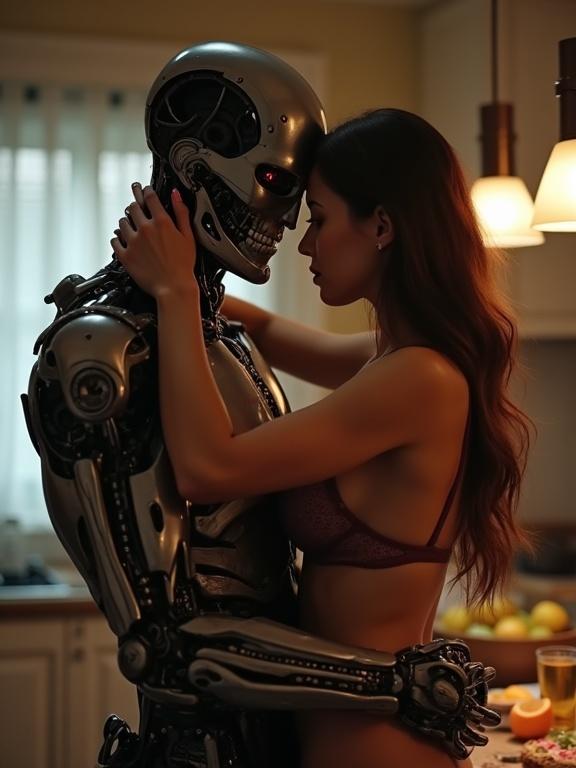 A robot husband and a woman in lingerie embrace. She hugs him from behind with her cheek resting on his back. The scene is calm and romantic. A kitchen setting with warm tones.