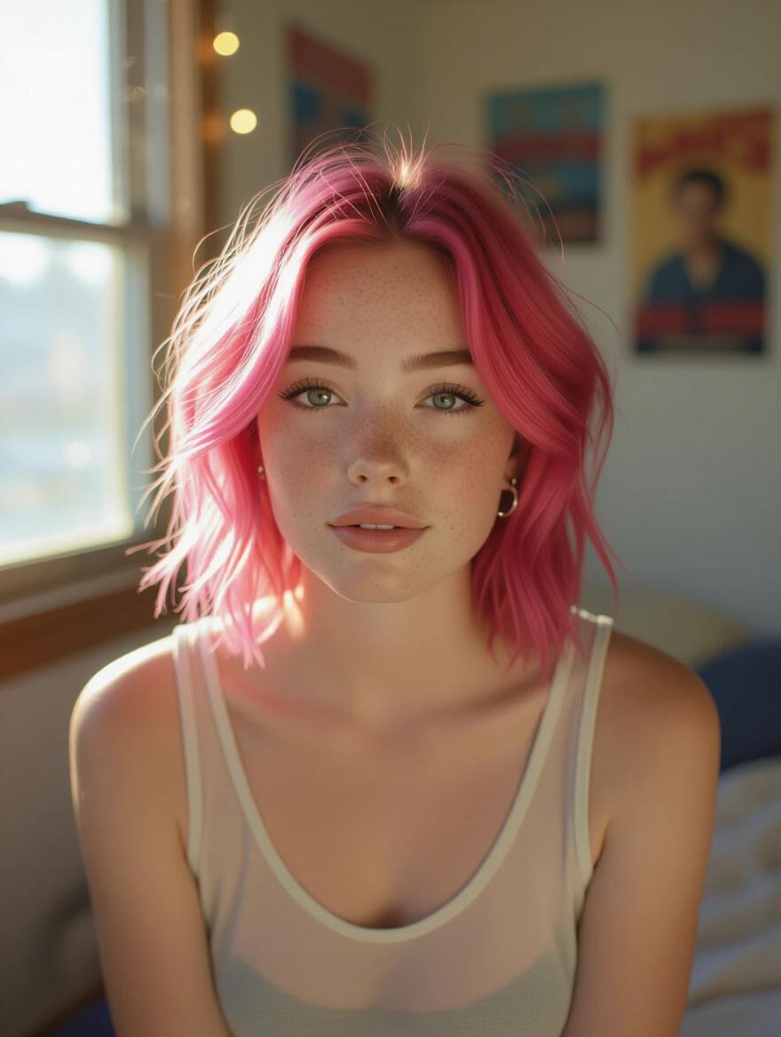 Cinematic photorealistic long shot of a young woman with brightly dyed pink hair and freckles looking into the camera. Wearing an oversized see-through tank-top and silver stud earrings. Soft golden hour sunlight streaming through a dusty window, illuminating dust motes. Background features a blurred cluttered bedroom with posters and fairy lights, shallow depth of field.