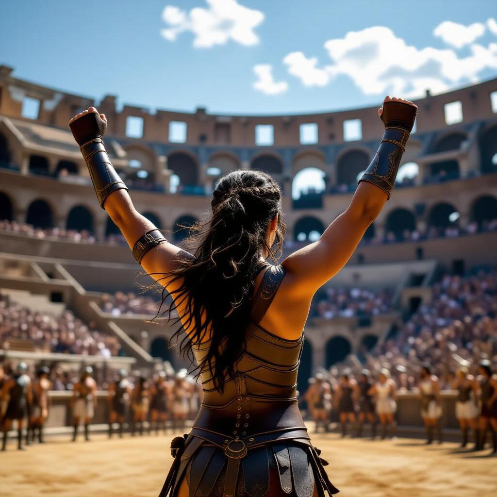 Female gladiator stands victorious with raised arms. Colosseum filled with spectators in background. Dark hair flows down her back. Warrior attire enhances her strength.