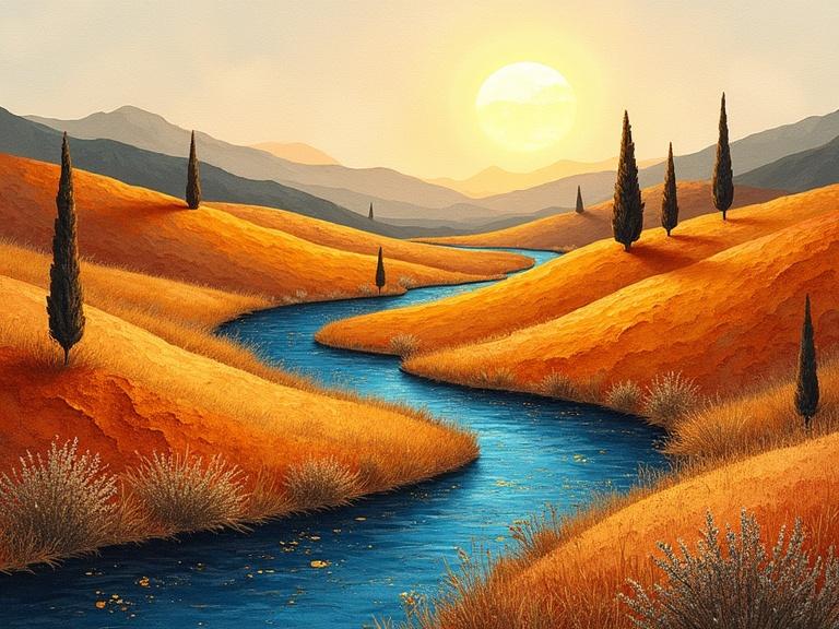 Luminous summer landscape inspired by Tuscany at golden hour. Ruffled paper-cut ridges glow in ochre and clay. Deep cerulean river winds through terrain with flecks of gold. Slender cypress trees in dark umber. Distant charcoal cliffs. Flecks of copper and gold dance across paper-like textures. Clusters of sprays suggest dry summer foliage. Distant hills are in gray and violet. Sky washed in alcohol ink.